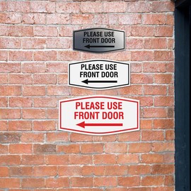 Fancy Please use front door left arrow Sign | Wall or Door Sign (Black) - Large