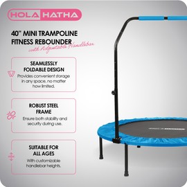 HolaHatha Foldable Mini Trampoline Home Gym Fitness Rebounder with 5 Level Adjustable Handle, Supportive 440 lb Capacity Workout Equipment, 40", Blue