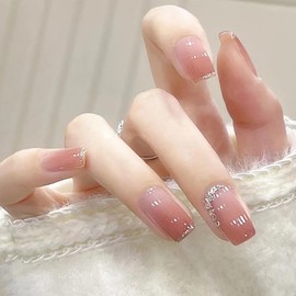 Bhidenaw Nail Tips, 24 Pieces, Nail Tips, Short, Japanese Style, Cute, Simple, Stylish, For Various Occasions, Nail Sticker, Glossy, Fake Nails, Nail File Included, Diamond Pink