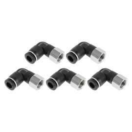 HOPESPANNER Push to Connect Air Fittings 1/4" 90 Degree Female Thread Connector Plastic Metal 1/8" BSPT 5 Pcs Black Silver Tone