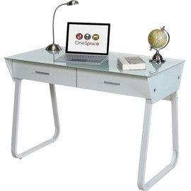 OneSpace Ultramodern Glass Computer Desk with Drawers, White