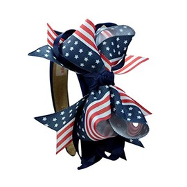 Funny Girl Designs Handmade Girls 4th of July Patriotic USA Flag Grosgrain Bow Headband (Blue Bow)