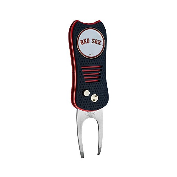 Team Golf MLB Boston Red Sox Switchblade Divot Tool with Double-Sided Magnetic Ball Marker, Features Patented Single Prong Design, Causes Less Damage to Greens, Switchblade Mechanism