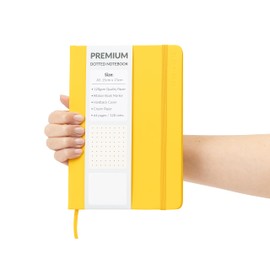 Bullet Journal A5 Dotted Notebook with Faux Leather Hardback Cover and Premium 120gsm Thick Dot Grid Paper (128 Cream Pages, Yellow)