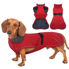MORVIGIVE Windproof Waterproof Dog Coat for Dachshund -Red,XSmall- Miniature Dachshund Clothes, Small Dog Coat with Harness Built in, Reflective Dachshund Jacket with Adjustable Buckle Closure