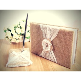 BETTERLINE Rustic Wedding Guest Book Made of Burlap and Lace - Includes Matching Pen Holder and Silver Pen - 120 Lined Pages for Guest Thoughts - Comes in Gift Box (Pearl Flower)