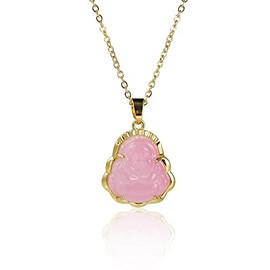 COLORFUL BLING 18k Gold Plated Laughing Buddha Pendant Necklace Green Jade Cubic Zirconia Gemstone Lucky Amulet Jewelry for Women Men-Pink 8