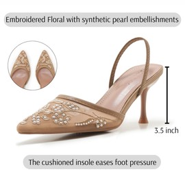 ATBELL Embroidered Mesh Slingback Heels for Women White Pearl Kitten Heel Pumps Pointed Toe Backless Wedding Shoes Nude Size 5