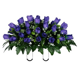 Sympathy Silks 30" Headstone Flower Saddle Artificial Cemetery Flowers - Gravesite Flowers - Purple Roses