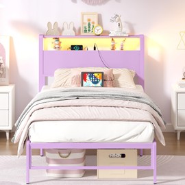 Weehom Twin Bed Frames with 2 Tiers Wood Storage Shelves Headboard, Twin Size Bed with Charger Stations and LED Light Under Bed Storage Space Platform Bed for Kids, Girls and Adults, Purple