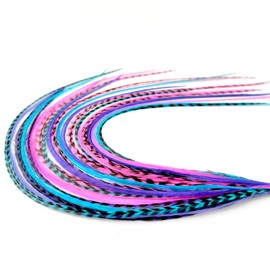 Feather Headz BEAUTIFUL REAL FEATHERS: 21pcs Purple Pink Turquoise Feather Hair Extensions 100% Real Rooster Feathers Which Can Be Curled, Straightened and Dried