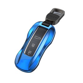 Kwak's Key fob Cover Case for Boxster Cayenne Panamera Macan 718 Cayman 911, Smart Car Key Shell Holder Protective Cover(Type B light blue-Buckle)