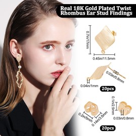 Beebeecraft 1 Box of 20 Rhombus Earring Accessories, 18 Carat Gold-Plated Square Earring Pin with Eyelet and 20 Ear Nuts for DIY Earring Jewellery Making