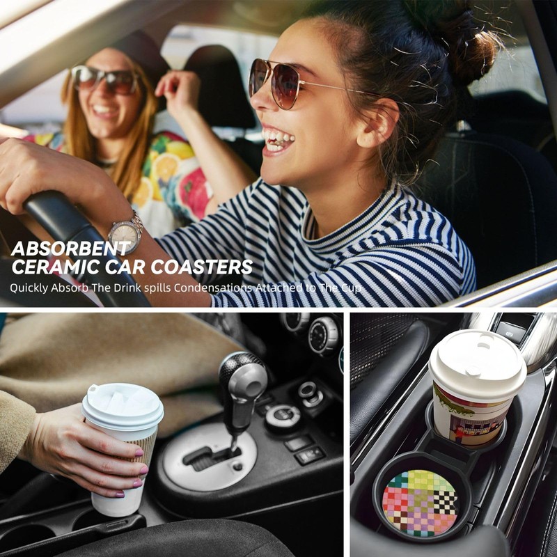 Checkered 2 Pack Car Cup Holder Coasters Absorbent Ceramic Coaster