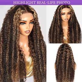 Highlight Deep Wave Lace Front Wigs Human Hair 28 Inch 13x6 HD Transparent Lace Front Wigs 200 Density 4/27 Ombre Honey Blonde Curly Wig for Women Pre Plucked with Baby Hair