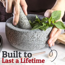 Priority Chef Heavy Duty Large Mortar and Pestle Set, Hand Carved from Natural Granite, Make Fresh Guacamole, Pesto, Stone Grinder Bowl, Herb Crusher, Spice Grinder, 6.3 Inches Wide, 2 Cup - Grey