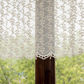 Off White Lace Valance for Windows 20 Inch Length 1 Panel Shimmer Embroidery Geometric Rhombus 3D Leafy Vine Cascading Sheer Valance for Kitchen, Privacy Scalloped Short Window Curtain, W50 x L20 Inch