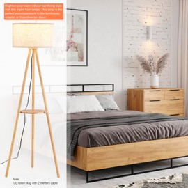 Baobab Tree Park Wood Tripod Floor Lamp with Shelves,Linen Shade Modern Mid Century Wooden Standing Floor lamp for Living Room,with Three Color temparature Bulb Included,ETL Listed/Natural Wood Color