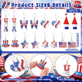 Nosiny 8 Pairs 4th of July Earrings for Women, Patriotic American Flag Dangle Earrings with Rhinestones, USA Independence Day Red White Blue Jewelry Bulk for Women Girls Patriotic Fourth of July Gifts