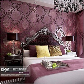 Q QIHANG DAWEI 3D Luxury Damask Pearl Powder Non-Woven Wallpaper Roll for Living Room Red Purple Color 1.73'W x 32.8'L