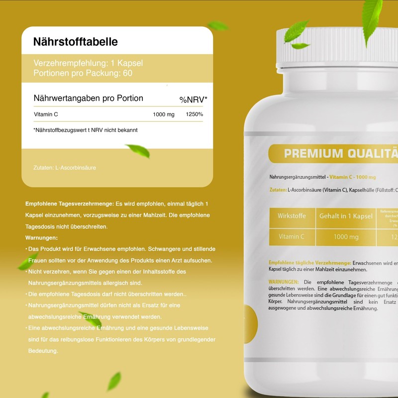Vitamin C 1000 mg - High Dose - 60 Capsules