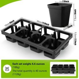 8 Cell Nursery Pots Trays 6 Pack (12" x 6"), 3 inch Square Plastic Nursery Pots 48 Pcs, Durable Carrying Seed Starter Tray, Planting Trays for Holding Small Seedling Pots with Drain Holes (Black)