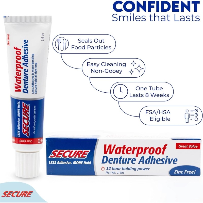 Secure waterproof denture adhesive - zinc free - extra strong