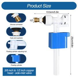 Cistern Filling Valve, G3/8 Inch and G1/2 Inch Brass Connection Cistern Replacement Parts Universal Filling Valve, Float Valve Cistern for Side Toilet Cisterns, Adjustable Water Quantity