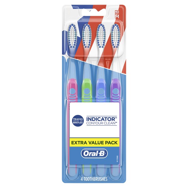 Oral-B Indicator Contour Clean Toothbrushes, Medium, 4 Count, Extra Value Pack (Color May Vary)