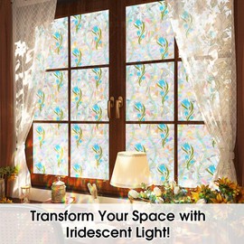 Coavas Window Privacy Film, Stained Glass Window Film Decorative, Rainbow Static Cling Windows Coverings Film, Floral Non-Adhesive Sun Blocking Decals for Home Bathroom Door, Blue, 17.5" x 78.7"