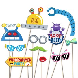 Kristin Paradise 25Pcs Robot Photo Booth Props with Stick, Birthday Theme Selfie Props, Robotics Party Supplies, Kids Photography Backdrop Decorations