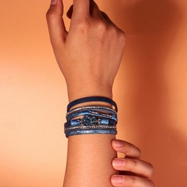 FANCY SHINY Double Wrap Leather Bracelets Boho Cuff Bracelets Crystal Bead Stackable Bracelet with Magnetic Clasp Jewelry Gifts for Women(Steel Blue)