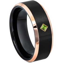 0.05ct Princess Cut Peridot Cobalt 8mm Wedding Band - Matte Black & Rose Gold IP Beveled Edge Cobalt Mens Wedding Band August Birthstone