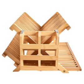 Olioeiao Bamboo Dish Drying Rack for Kitchen - Collapsible 3-Tier Wooden Folding Drainer with Utensil Holder and Dish Strainer Board for Countertop, Sink, and Racks Dryer (Natural)