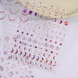 12 Sheets Holographic Purple Nail Stickers for Nail Art Moon Star Heart Nail Decals Celestial Nail Sticker Geometry Line Stickers for Nails Design 3D Self Adhesive Nail Art Supplies,DIY Accessories