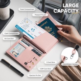 VULKIT Passport Holder Wallet for Travel, RFID Blocking Leather Passport Card Cover Case Travel Essentials with Lanyard for Men and Women Pink