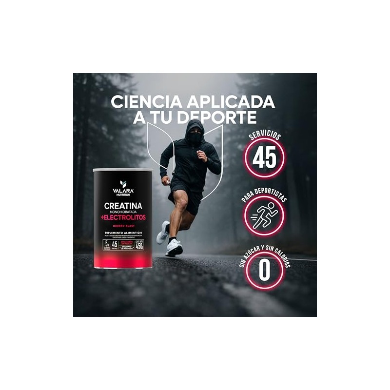 VALARA Creatina Monohidratada Adicionado Con Electrolitos En Polvo Cereza