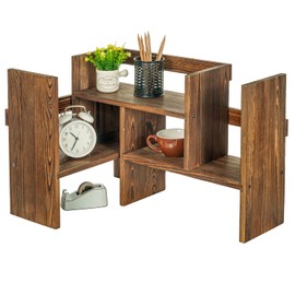 MyGift Adjustable Desktop Shelf, Deluxe Rustic Burnt Solid Wood Stackable Multilevel Bookshelf Organizer Stand, Home or Office Desk Storage Shelving Rack