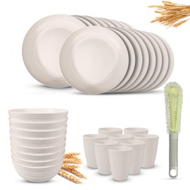 Kitchen Wheat Straw Dinnerware Sets (33pcs) Attached cleaning brush,Service For 8,Plastic Plates and Bowls Sets,Unbreakable Dinnerware,Lightweight Plastic Plate Set (off-white)
