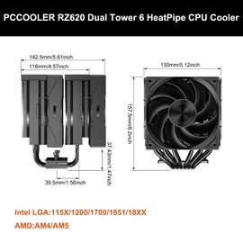 PCCOOLER RZ620 CPU Cooler TDP 265W CPU Air Cooler Dual Tower CPU Fan 6 HeatPipe CPU Cooling System with Three Modes PWM Silent Fans, Easy Install Air Cooler for Intel LGA 115X/1200/1700,AMD AM4/AM5,BK