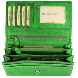 Hill Burry High-Quality Vintage Leather Women's Wallet Long Purse made of Soft Leather 17.5 x 10 x 3 cm (W x H x D), Green