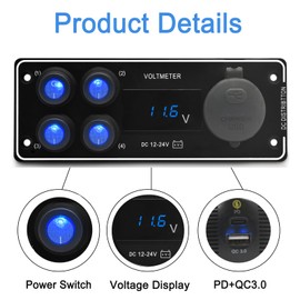 Liwogi Switch Panel, 12V 24V Rocker Switch with QC3.0 USB Fast Charger PD Type C and LED Digital Voltmeter Rocker Switch for Car, Boat, Caravan, Truck