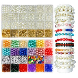 GREFIYAS Bead Set for Threading, 3/4/6/8/10/12 mm Pearl Set White, 8 mm Colourful Craft Beads, Golden Beads, 6 mm Acrylic Beads, Beads Letters, Colourful Beads for Bracelets Make Yourself, Jewellery