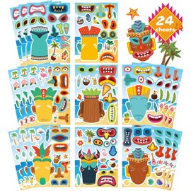 24 Sheets Tiki Make a Face Stickers, Tropical Hawaiian Stickers Make Your Own Tiki Stickers for Kids Summer Luau Party Favors Decoration