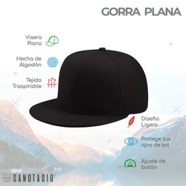 Canotagio Gorra Plana para Hombre y Mujer. Gorras Planas Ajustables Ideal para béisbol o Accesorio. Gorra para Sol con Visera Plana para Mejor protección y Holograma de Seguridad. Cap (Negro)