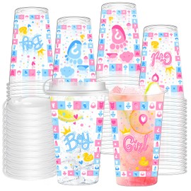 50 Pcs Gender Reveal Plastic Cups – Team Boy & Team Girl Disposable Thick Clear Plastic Drinking Cups with Lids, Gender Reveal Decorations for Baby Party, Pink and Blue Baby Shower Party Favors