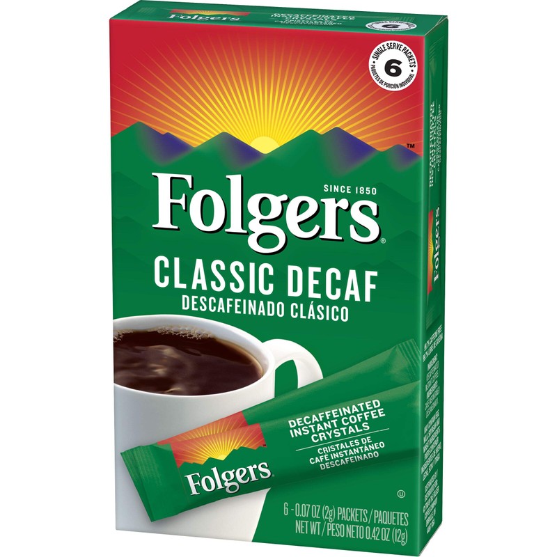 Folgers Classic Decaf Decaffeinated Instant Coffee Crystals, 6 Single Serve