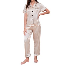 TeJoyce Pyjamas for Women Satin Pjs Set Soft Ladies Silk Pyjamas Pjs Set Short Sleeve and Pants 2 Piece Silk Satin Pajamas Set Sleepwear Button Down Loungewear Champagne