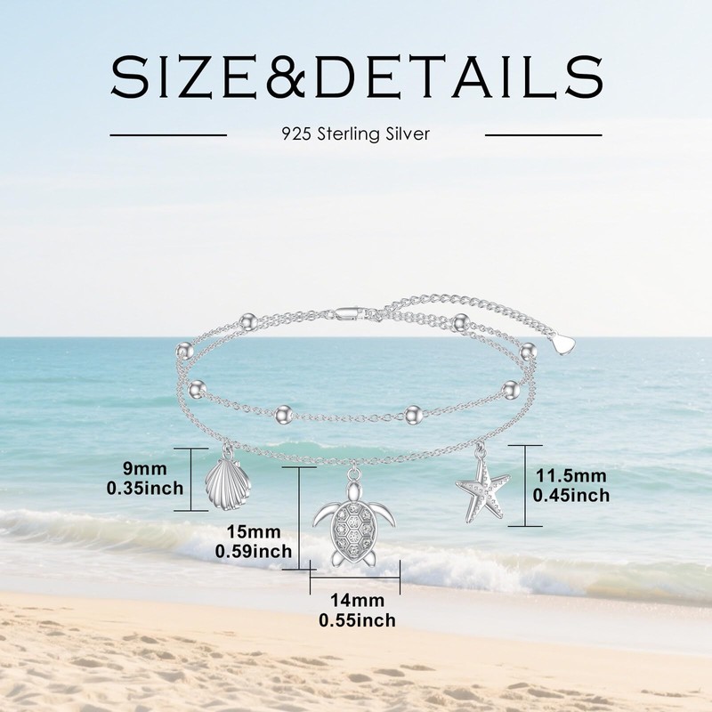 LWXIE Diamond Turtle Anklet for Women 925 Sterling Silver Layered