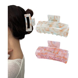 Kajeer 2 Pack Large Acrylic Hair Claw Clips for Women, 3.93 Inch Non-Slip Strong Hold Rectangle Hair Clip for Fine Thin Thick Hair (Blue Brown Mix + Pink Brown Mix)